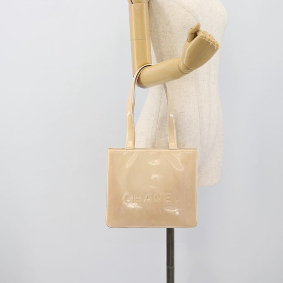 CHANEL Tote Bag Patent leather Ivory Gold CC Auth bs36616