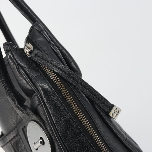CHANEL Choco Bar Line Hand Bag Leather Black Silver CC Auth bs36617