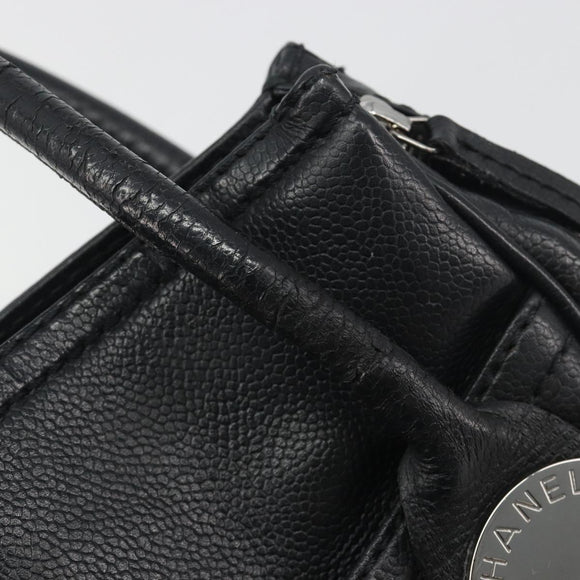 CHANEL Choco Bar Line Hand Bag Leather Black Silver CC Auth bs36617