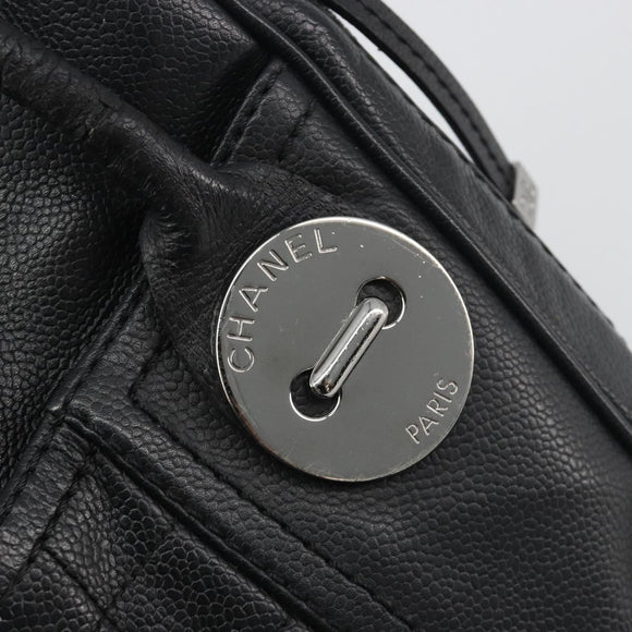 CHANEL Choco Bar Line Hand Bag Leather Black Silver CC Auth bs36617