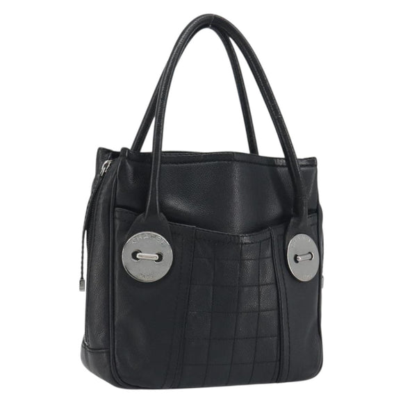 CHANEL Choco Bar Line Hand Bag Leather Black Silver CC Auth bs36617