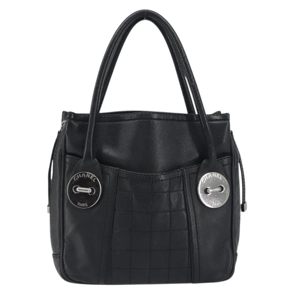 CHANEL Choco Bar Line Hand Bag Leather Black Silver CC Auth bs36617