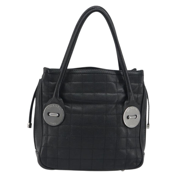 CHANEL Choco Bar Line Hand Bag Leather Black Silver CC Auth bs36617