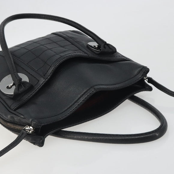 CHANEL Choco Bar Line Hand Bag Leather Black Silver CC Auth bs36617
