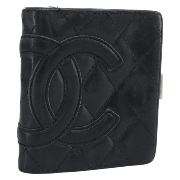CHANEL Matelasse Cambon Line Wallet Lamb Skin Black CC Auth bs36633