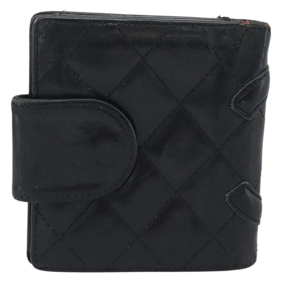CHANEL Matelasse Cambon Line Wallet Lamb Skin Black CC Auth bs36633