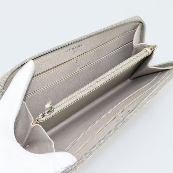 CHANEL Long Wallet Leather Ivory Silver CC Auth bs36634