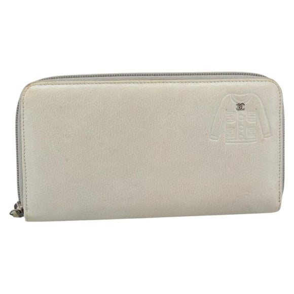 CHANEL Long Wallet Leather Ivory Silver CC Auth bs36634