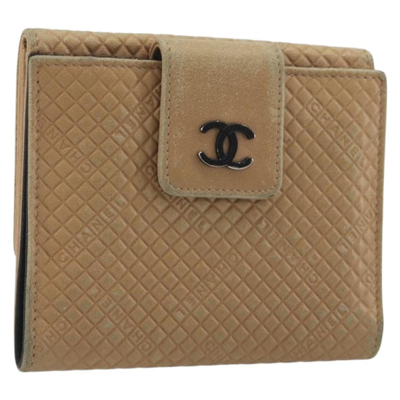 CHANEL Choco Bar line Wallet Leather Beige CC Auth bs36636