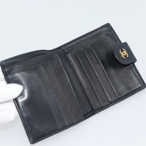 CHANEL Bicolore Bifold Wallet Lamb Skin Black CC Auth bs36637