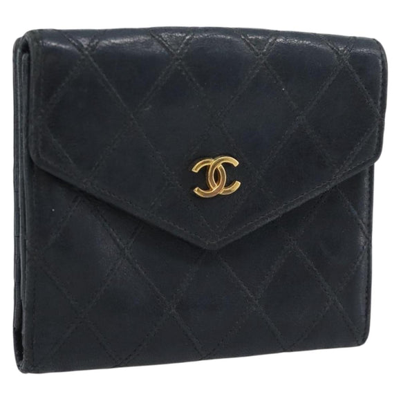 CHANEL Bicolore Bifold Wallet Lamb Skin Black CC Auth bs36637
