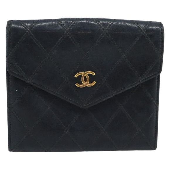 CHANEL Bicolore Bifold Wallet Lamb Skin Black CC Auth bs36637