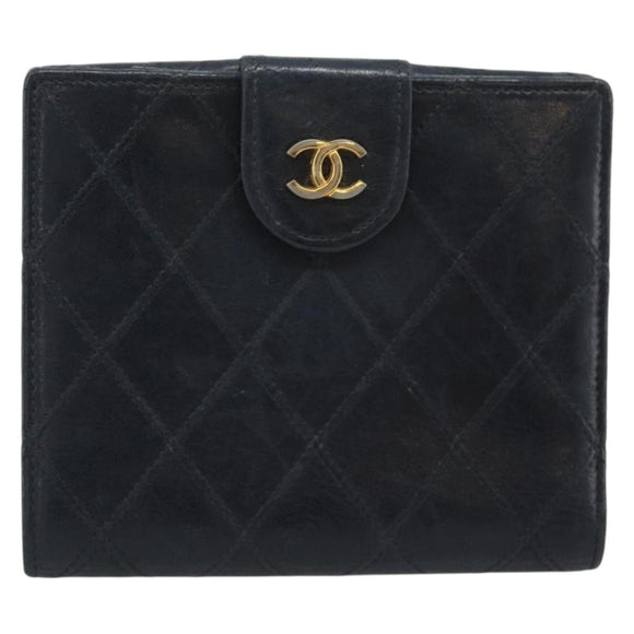 CHANEL Bicolore Bifold Wallet Lamb Skin Black CC Auth bs36637