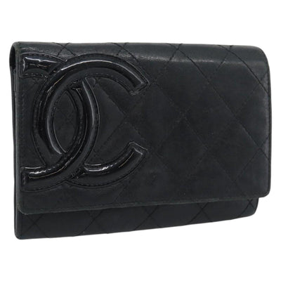 CHANEL Matelasse Cambon Line Wallet Leather Black Silver CC Auth bs36640