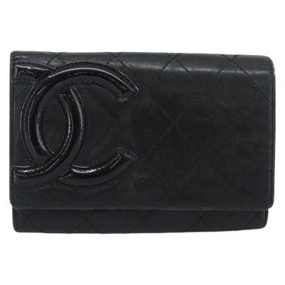 CHANEL Matelasse Cambon Line Wallet Leather Black Silver CC Auth bs36640 - 0
