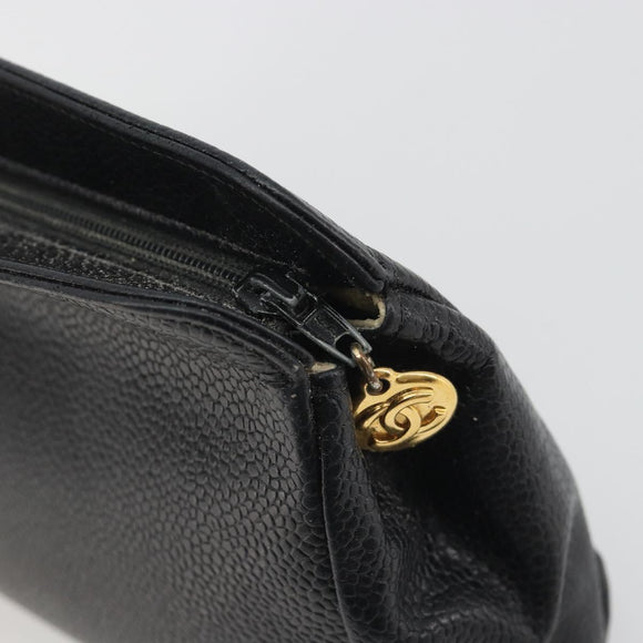 CHANEL COCO Mark Pouch Caviar Skin Black Gold CC Auth bs36652