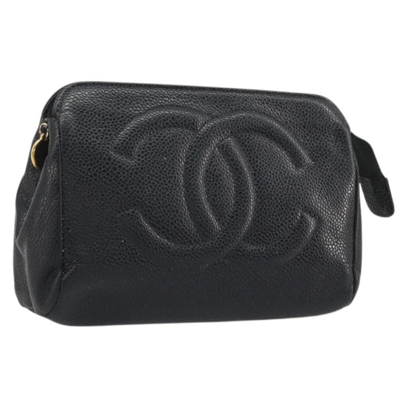 CHANEL COCO Mark Pouch Caviar Skin Black Gold CC Auth bs36652