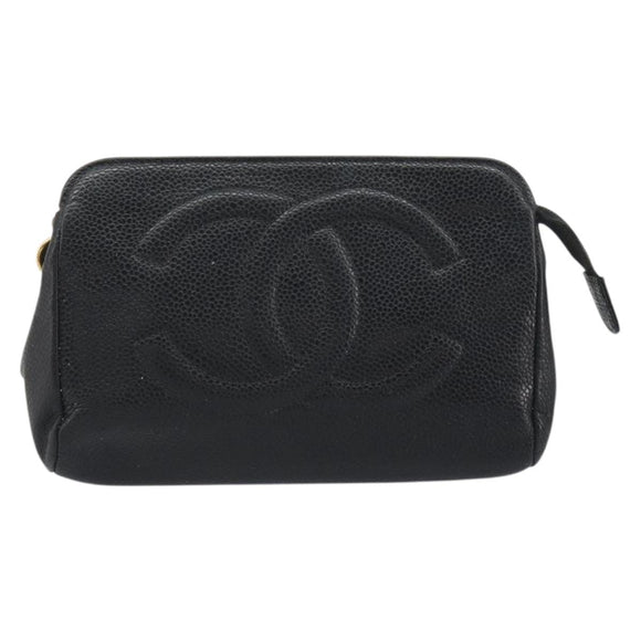 CHANEL COCO Mark Pouch Caviar Skin Black Gold CC Auth bs36652