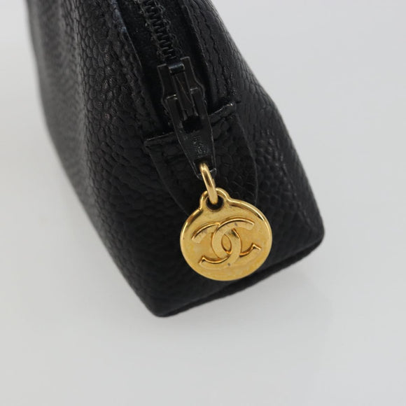 CHANEL COCO Mark Pouch Caviar Skin Black Silver CC Auth bs36657