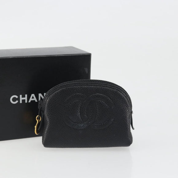 CHANEL COCO Mark Pouch Caviar Skin Black Silver CC Auth bs36657