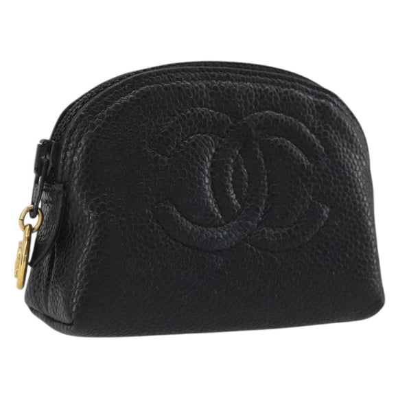 CHANEL COCO Mark Pouch Caviar Skin Black Silver CC Auth bs36657