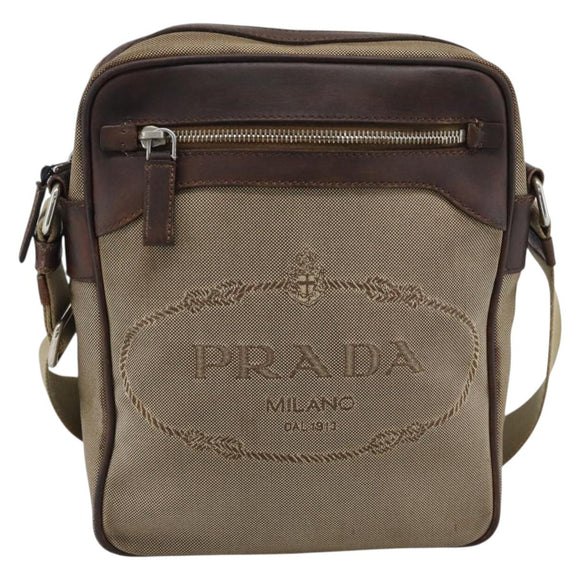 PRADA Shoulder Bag Canvas Beige Silver Auth bs36669