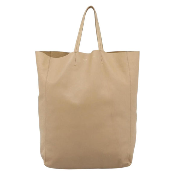 CELINE Vertical Cabas Hand Bag Leather Beige Gold Auth bs36671