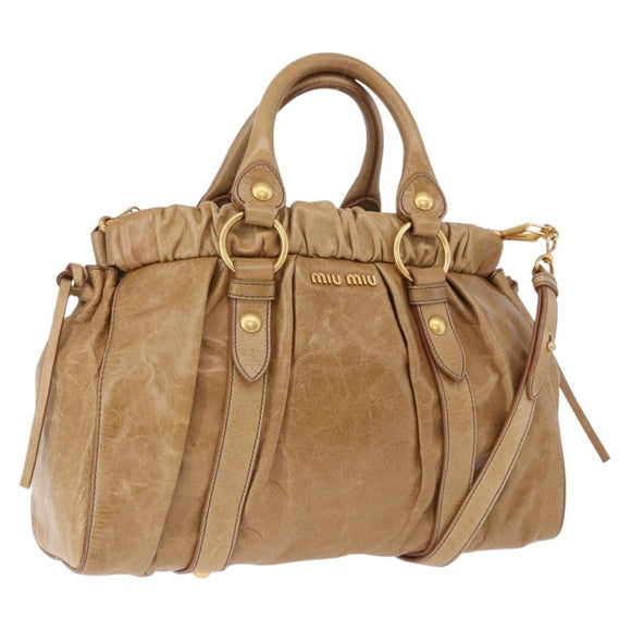 Miu Miu Vitellolux Hand Bag Leather 2way Beige Gold Auth bs36678V