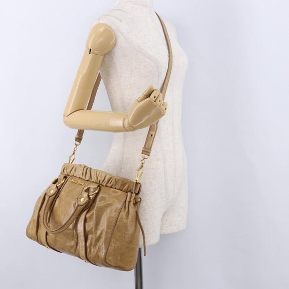 Miu Miu Vitellolux Hand Bag Leather 2way Beige Gold Auth bs36678V