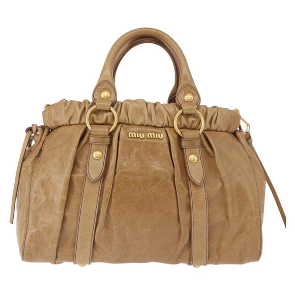 Miu Miu Vitellolux Hand Bag Leather 2way Beige Gold Auth bs36678V