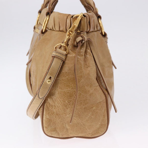 Miu Miu Vitellolux Hand Bag Leather 2way Beige Gold Auth bs36678V