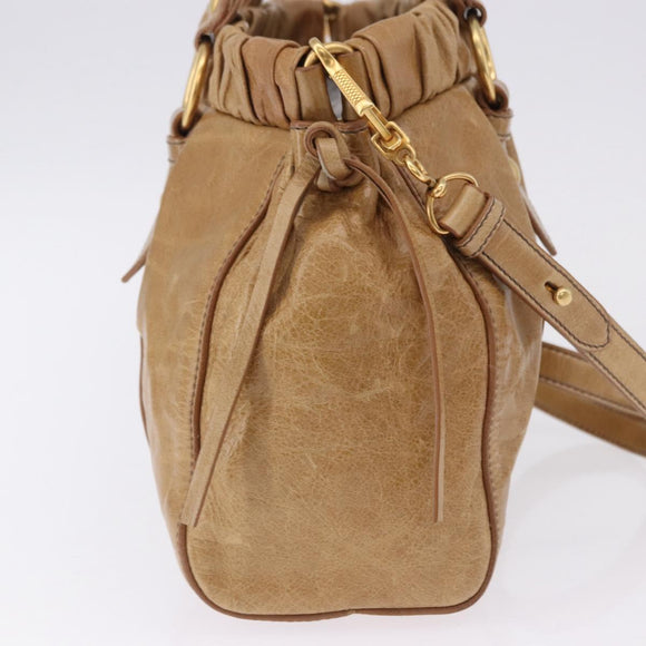 Miu Miu Vitellolux Hand Bag Leather 2way Beige Gold Auth bs36678V