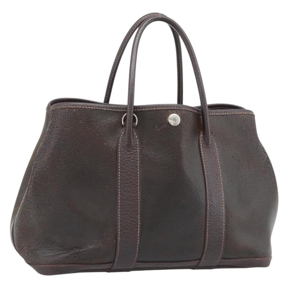 HERMES Garden Party PM Hand Bag Leather Amazonia Brown Silver Auth bs36685
