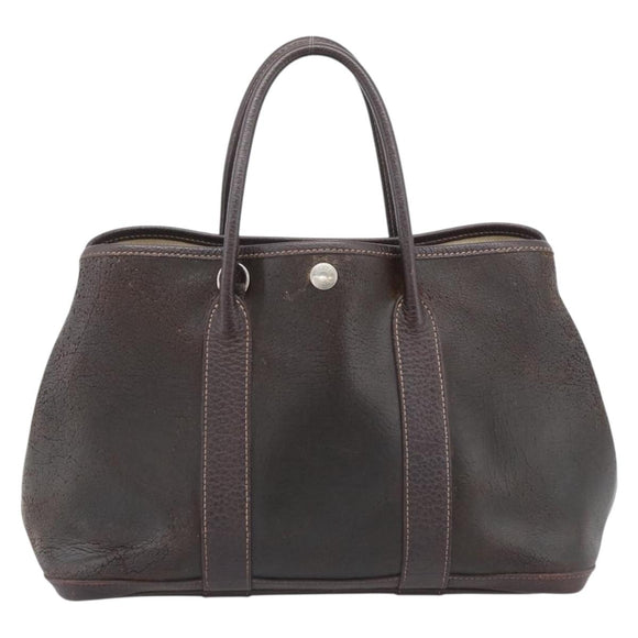 HERMES Garden Party PM Hand Bag Leather Amazonia Brown Silver Auth bs36685