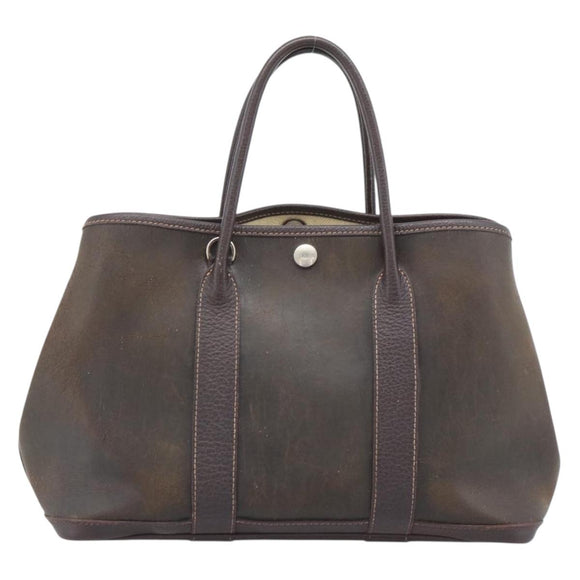 HERMES Garden Party PM Hand Bag Leather Amazonia Brown Silver Auth bs36685