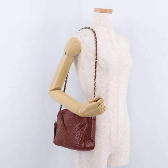 CHANEL Chain Shoulder Bag Lamb Skin Red Gold CC Auth bs36686