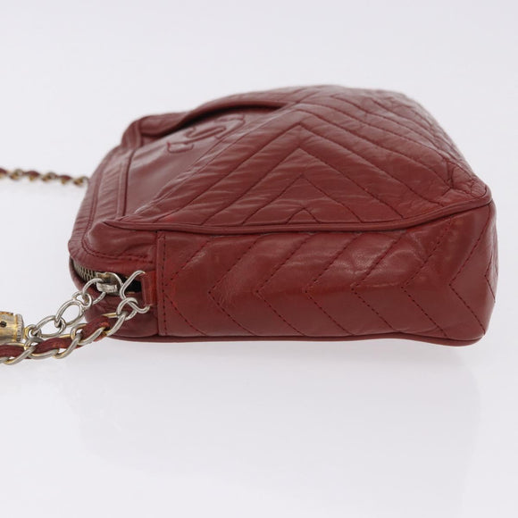 CHANEL Chain Shoulder Bag Lamb Skin Red Gold CC Auth bs36686