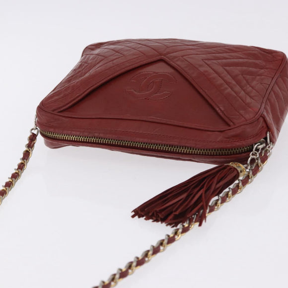 CHANEL Chain Shoulder Bag Lamb Skin Red Gold CC Auth bs36686