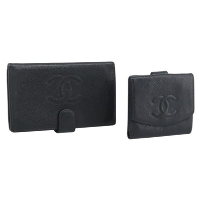 CHANEL Wallet Caviar Skin 2 Set Black CC Auth bs36692