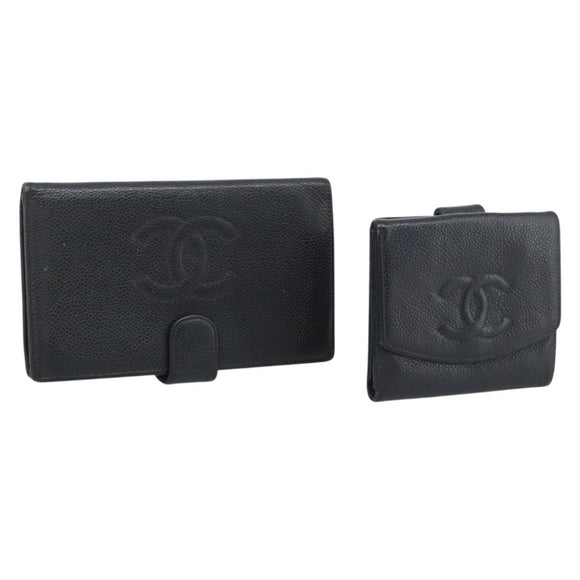 CHANEL Wallet Caviar Skin 2 Set Black CC Auth bs36692