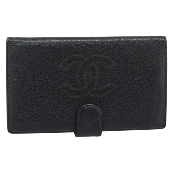 CHANEL Wallet Caviar Skin 2 Set Black CC Auth bs36692