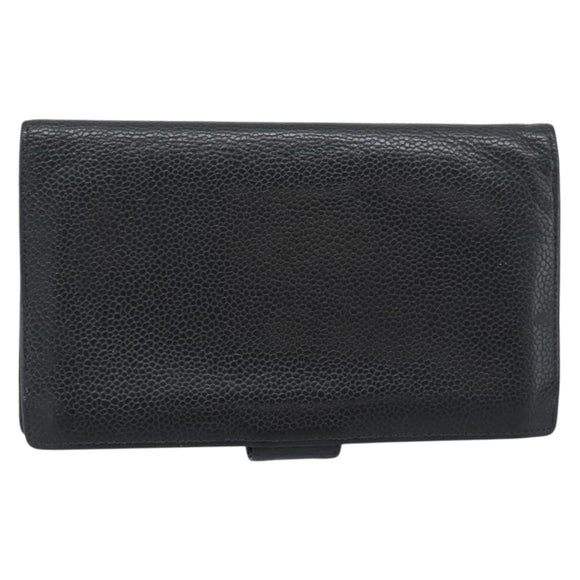 CHANEL Wallet Caviar Skin 2 Set Black CC Auth bs36692
