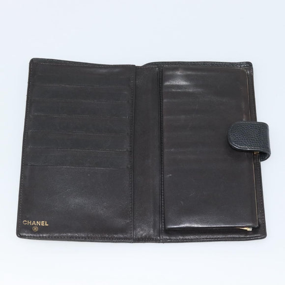 CHANEL Wallet Caviar Skin 2 Set Black CC Auth bs36692