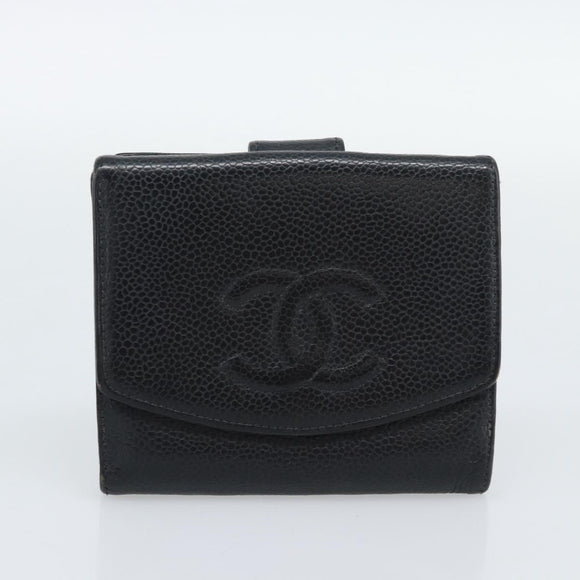 CHANEL Wallet Caviar Skin 2 Set Black CC Auth bs36692