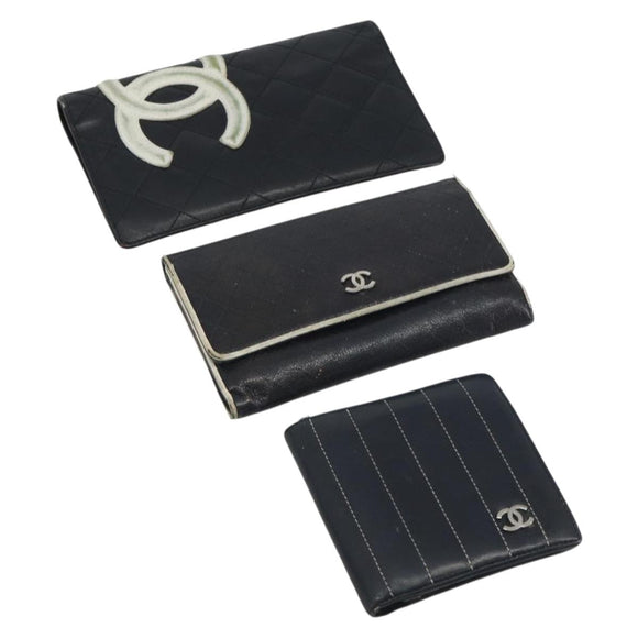 CHANEL Wallet Caviar Skin Leather 3 Set Black CC Auth bs36694