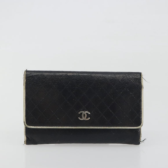 CHANEL Wallet Caviar Skin Leather 3 Set Black CC Auth bs36694