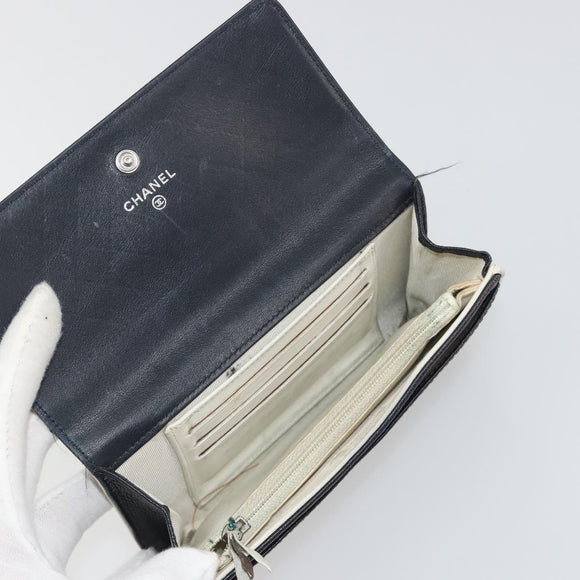 CHANEL Wallet Caviar Skin Leather 3 Set Black CC Auth bs36694