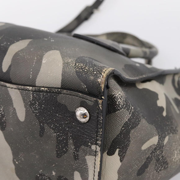 PRADA Camouflage Hand Bag Safiano Leather 2way Khaki Silver Auth bs36711