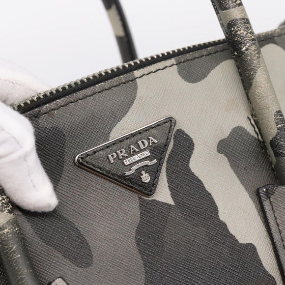 PRADA Camouflage Hand Bag Safiano Leather 2way Khaki Silver Auth bs36711