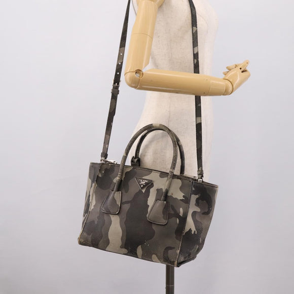 PRADA Camouflage Hand Bag Safiano Leather 2way Khaki Silver Auth bs36711